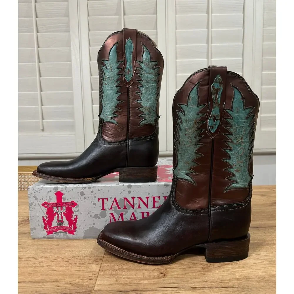 Tanner Mark Men's Cowboy Boots Brown Bronze Teal Leather Size 9 NIB Western